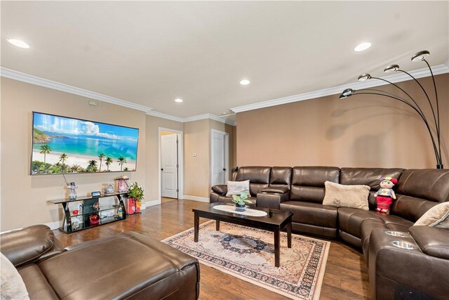 2730 Hayes Ave, Long Beach, CA 90810 - living room featuring wood finished floors, recessed lighting, and ornamental molding