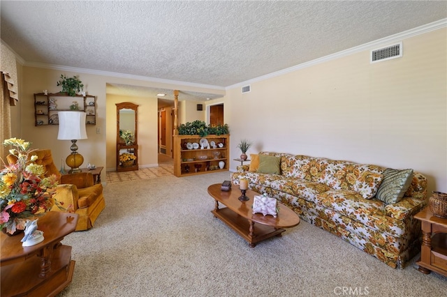 12429 Baker Ave, Chino, CA 91710 - carpeted living room featuring a textured ceiling and crown molding