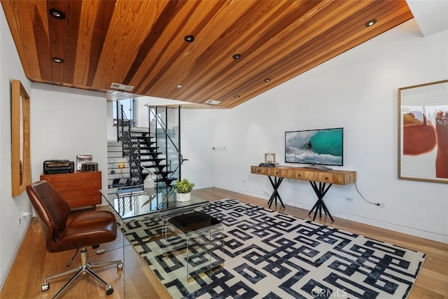 417 Sunset Ave Unit 1.2, Venice, CA 90291 - living area with wood finished floors, stairs, wood ceiling, an office area, and recessed lighting