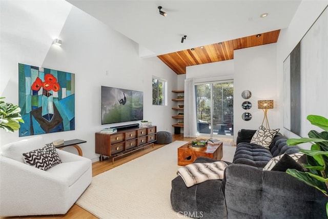 417 Sunset Ave Unit 1.2, Venice, CA 90291 - living room with wood finished floors, lofted ceiling, and wooden ceiling