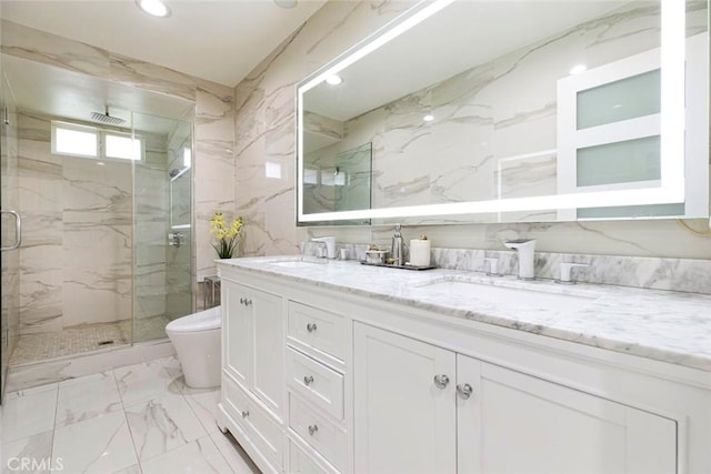 23500 Lloyd Houghton Pl, Newhall, CA 91321 - bathroom featuring marble finish floors, double vanity, a marble finish shower, and recessed lighting