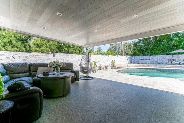 23500 Lloyd Houghton Pl, Newhall, CA 91321 - view of swimming pool with a fenced backyard, a patio area, and an outdoor hangout area