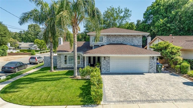 23500 Lloyd Houghton Pl, Newhall, CA 91321 - view of front of property with a garage, a front yard, stone siding, and driveway