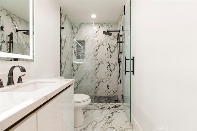 23500 Lloyd Houghton Pl, Newhall, CA 91321 - full bath featuring marble tiled floors, a marble finish shower, vanity, and recessed lighting