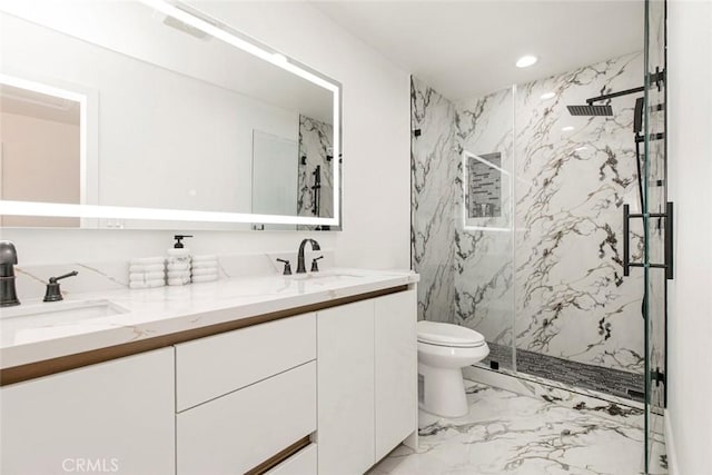 23500 Lloyd Houghton Pl, Newhall, CA 91321 - bathroom with a marble finish shower, marble tiled floors, double vanity, and recessed lighting
