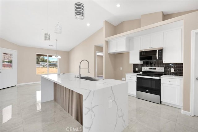 20020 Symeron Rd, Apple Valley, CA 92307 - kitchen with appliances with stainless steel finishes, lofted ceiling, light stone countertops, white cabinets, and decorative light fixtures