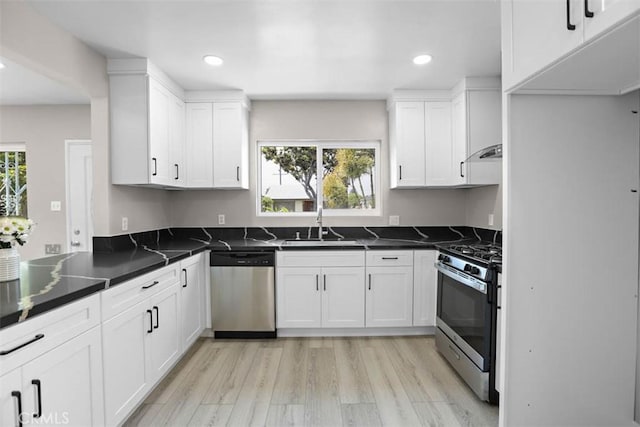 5021 Harbor St, Commerce, CA 90040 - kitchen with appliances with stainless steel finishes, white cabinets, dark countertops, light wood-style floors, and recessed lighting
