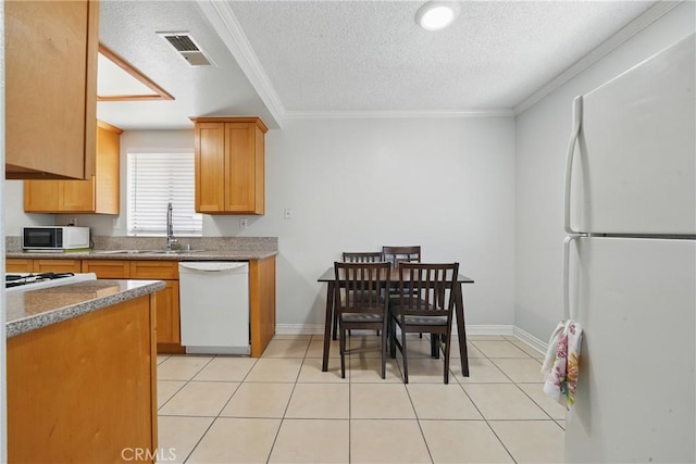 1657 E Kingsley Ave Unit B, Pomona, CA 91767 - kitchen with white appliances, a textured ceiling, crown molding, and light tile patterned floors