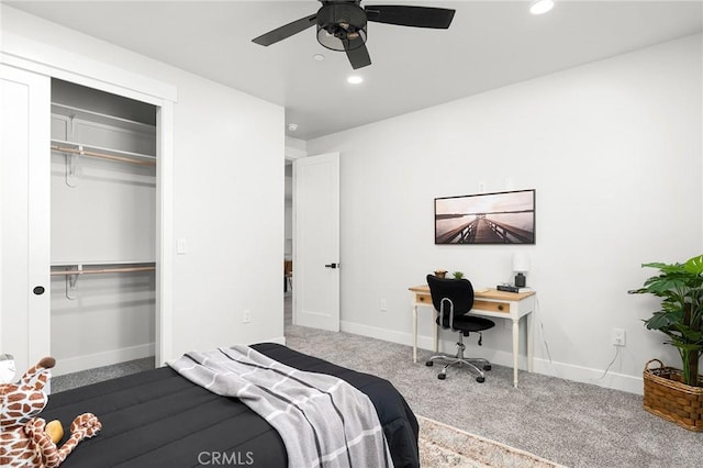 1340 Jeannie Ln, Paradise, CA 95969 - bedroom with recessed lighting, a desk, a closet, dark colored carpet, and a ceiling fan