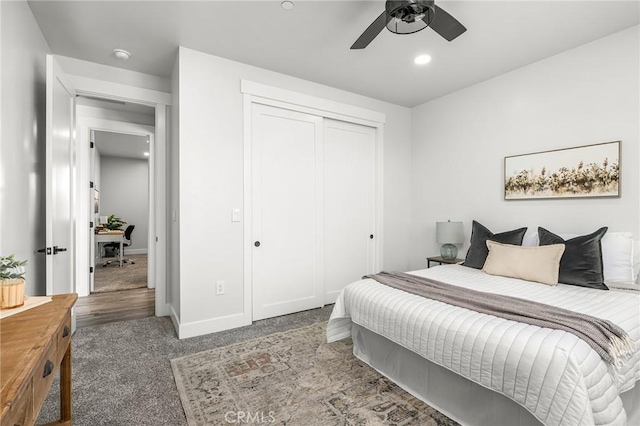 1340 Jeannie Ln, Paradise, CA 95969 - bedroom featuring carpet floors, a closet, a ceiling fan, and recessed lighting