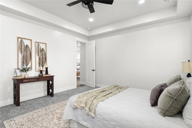 1340 Jeannie Ln, Paradise, CA 95969 - bedroom featuring carpet floors, a raised ceiling, ceiling fan, and recessed lighting