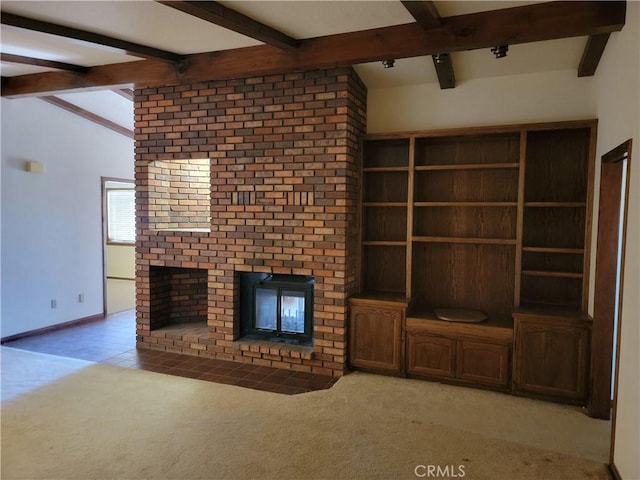 15440 Cactus St, Hesperia, CA 92345 - unfurnished living room with carpet flooring, a brick fireplace, and beamed ceiling