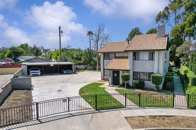1553 Dennis Pl, West Covina, CA 91790 - view of front of home featuring a tiled roof, a fenced front yard, stucco siding, a chimney, and driveway