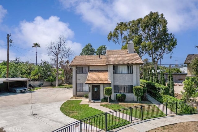 1553 Dennis Pl, West Covina, CA 91790 - mediterranean / spanish home featuring a tiled roof, a chimney, stucco siding, and a fenced front yard
