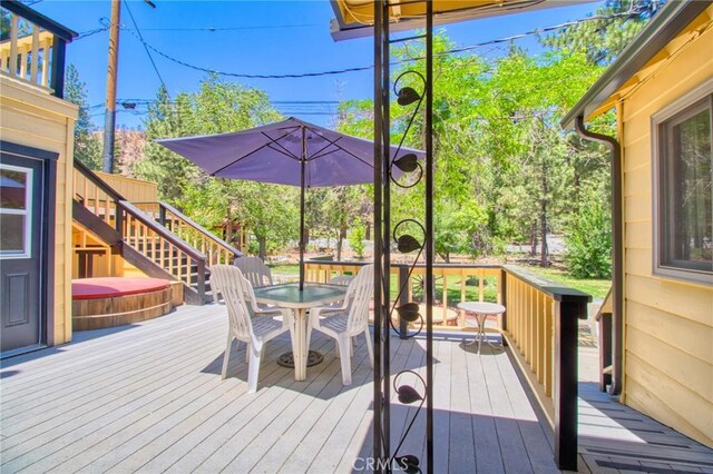960 Snowbird Rd, Wrightwood, CA 92397 - wooden deck featuring stairway and outdoor dining space
