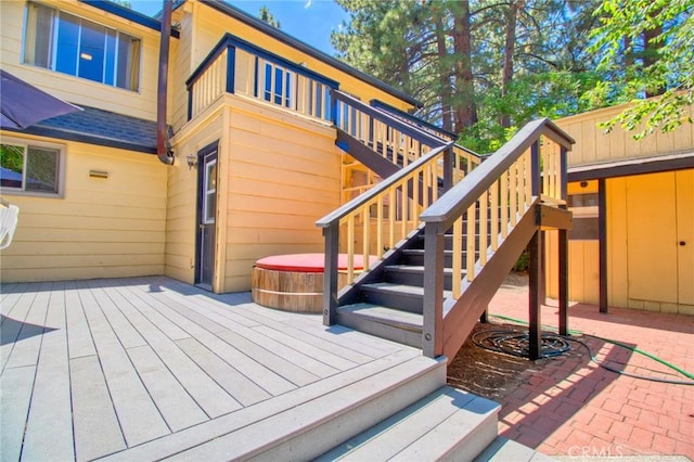 960 Snowbird Rd, Wrightwood, CA 92397 - wooden terrace with a jacuzzi, a patio, and stairway