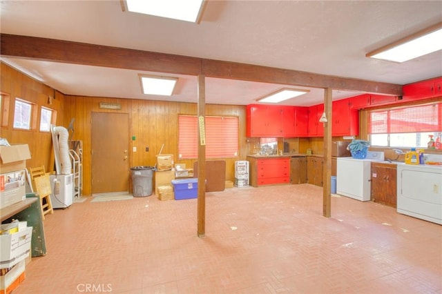 960 Snowbird Rd, Wrightwood, CA 92397 - basement with healthy amount of natural light, wooden walls, and washer and dryer