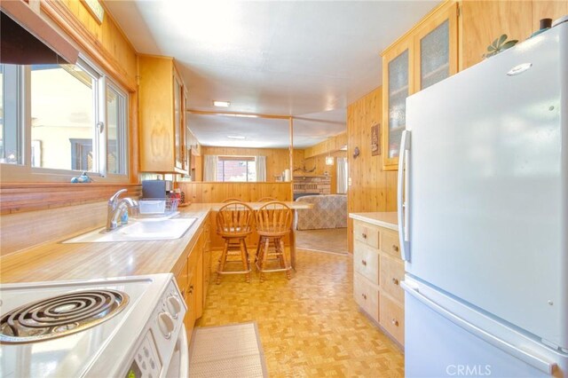 960 Snowbird Rd, Wrightwood, CA 92397 - kitchen featuring freestanding refrigerator, stove, light countertops, wooden walls, and glass insert cabinets