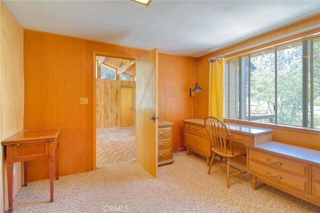 960 Snowbird Rd, Wrightwood, CA 92397 - office area with healthy amount of natural light, light colored carpet, and wooden walls