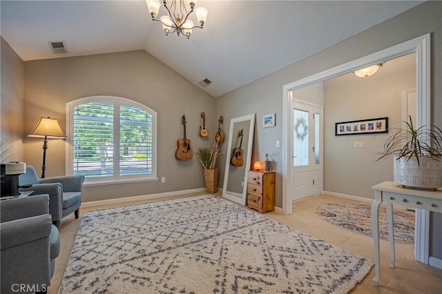 3486 Cascade Creek Ave, Merced, CA 95340 - living area with a chandelier, lofted ceiling, and light tile patterned floors
