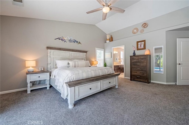 3486 Cascade Creek Ave, Merced, CA 95340 - carpeted bedroom with multiple windows, lofted ceiling, a ceiling fan, and ensuite bathroom