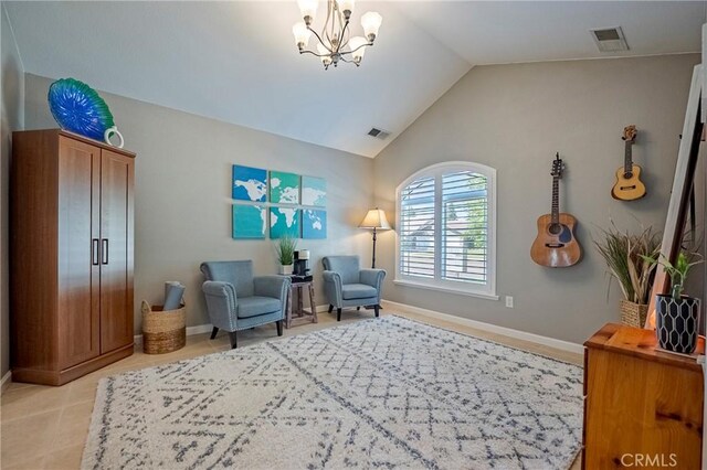 3486 Cascade Creek Ave, Merced, CA 95340 - sitting room with lofted ceiling, a chandelier, and light tile patterned flooring