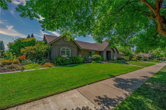 3486 Cascade Creek Ave, Merced, CA 95340 - ranch-style house with stucco siding, a front lawn, and a tile roof
