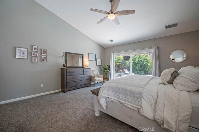 3486 Cascade Creek Ave, Merced, CA 95340 - carpeted bedroom with vaulted ceiling, a ceiling fan, and access to outside