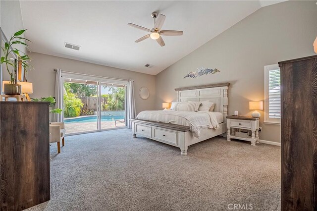 3486 Cascade Creek Ave, Merced, CA 95340 - carpeted bedroom with access to exterior, vaulted ceiling, and a ceiling fan