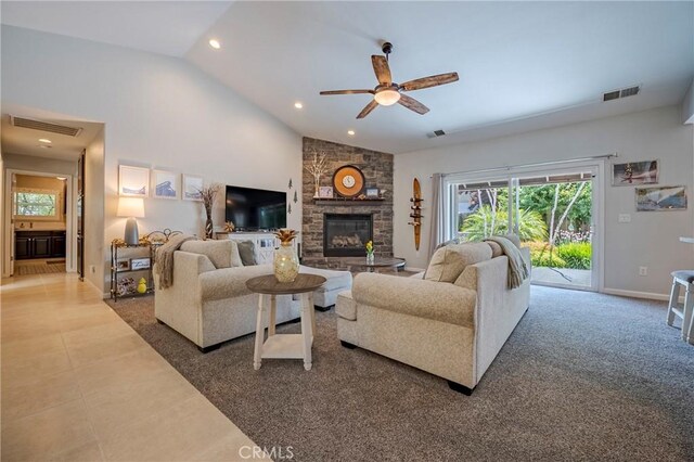 3486 Cascade Creek Ave, Merced, CA 95340 - tiled living area with ceiling fan, a fireplace, lofted ceiling, and recessed lighting