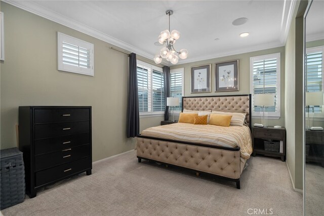 10554 Cannon Dr, Rancho Cucamonga, CA 91730 - bedroom with ornamental molding, a chandelier, multiple windows, and light carpet