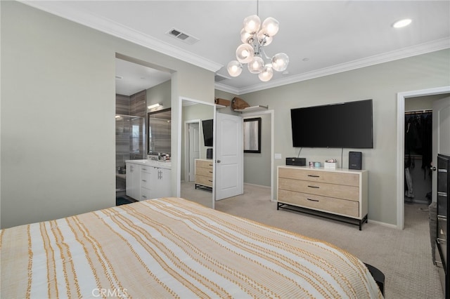 10554 Cannon Dr, Rancho Cucamonga, CA 91730 - bedroom with a spacious closet, light colored carpet, a chandelier, crown molding, and a closet