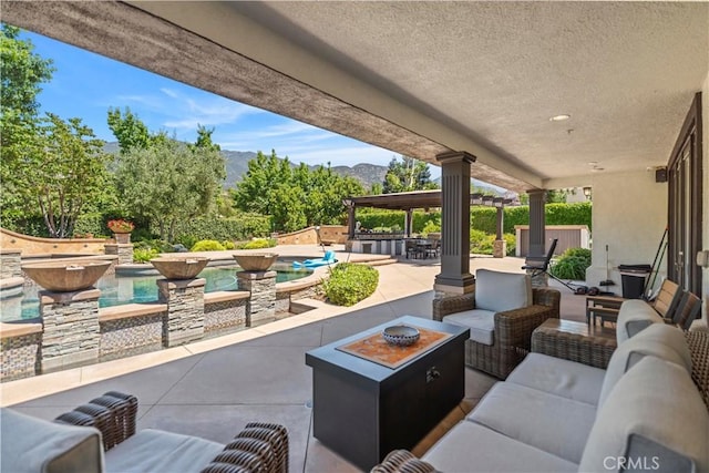949 Moody Pl, Claremont, CA 91711 - view of patio with an outdoor living space, a mountain view, and an outdoor pool