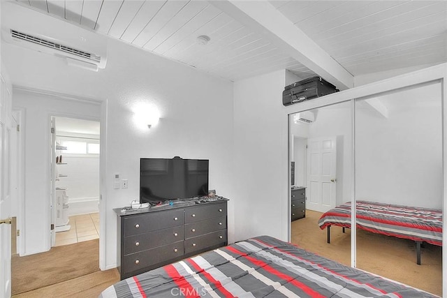 17109 E Orkney St, Azusa, CA 91702 - bedroom featuring an AC wall unit, light carpet, wood ceiling, and a wall unit AC