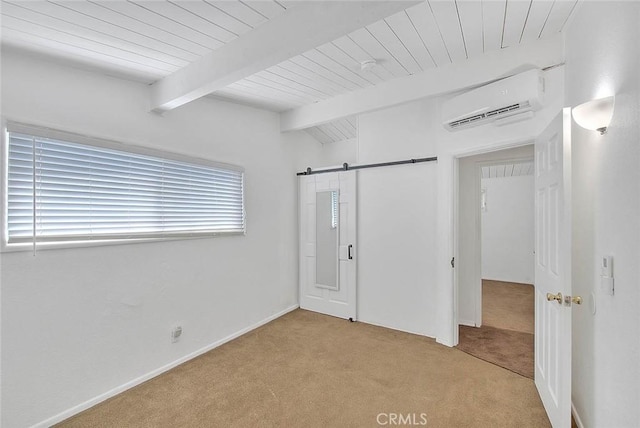 17109 E Orkney St, Azusa, CA 91702 - unfurnished bedroom featuring a wall mounted air conditioner, light carpet, a wooden ceiling with exposed beams, and a barn door
