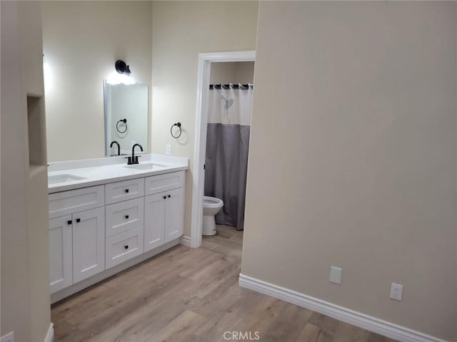 955 Mill Iron Way, San Jacinto, CA 92583 - bathroom featuring wood finished floors, double vanity, and a shower with curtain