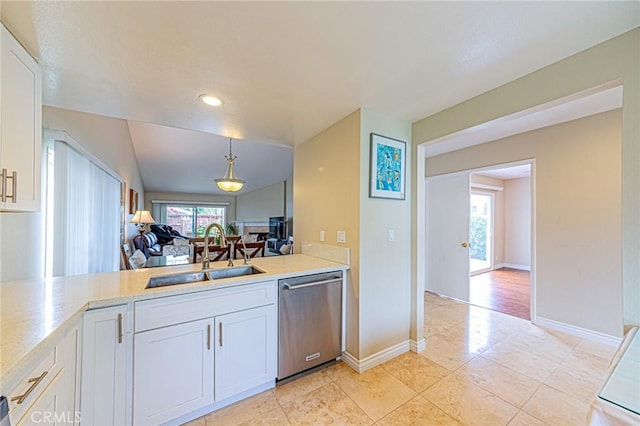 25312 Cassandra Ct, Mission Viejo, CA 92691 - kitchen featuring dishwasher, white cabinetry, light countertops, hanging light fixtures, and recessed lighting