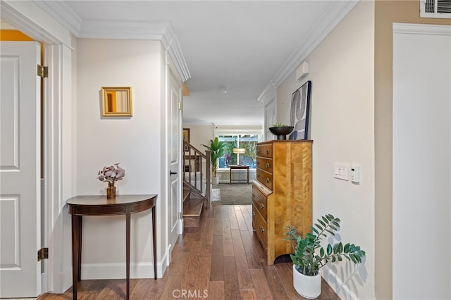 56 Ashbrook, Irvine, CA 92604 - hall with wood-type flooring, stairway, and crown molding