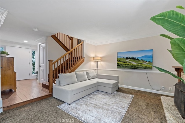 56 Ashbrook, Irvine, CA 92604 - carpeted living room featuring stairway, ornamental molding, and recessed lighting