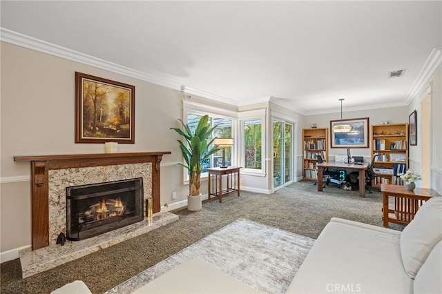 56 Ashbrook, Irvine, CA 92604 - carpeted living area featuring crown molding and a premium fireplace