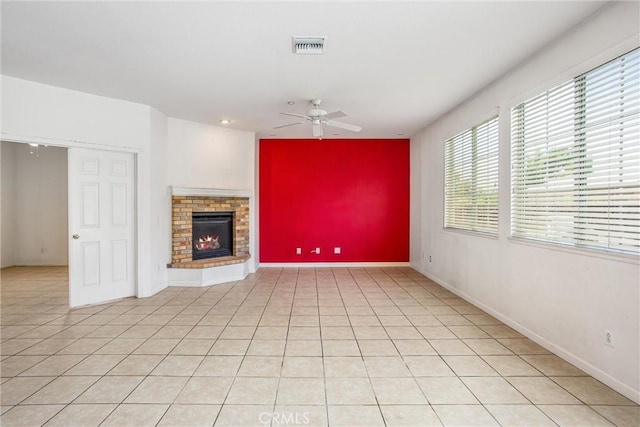 1802 Pummelo Dr, Redlands, CA 92374 - unfurnished living room with ceiling fan, light tile patterned floors, a brick fireplace, and recessed lighting