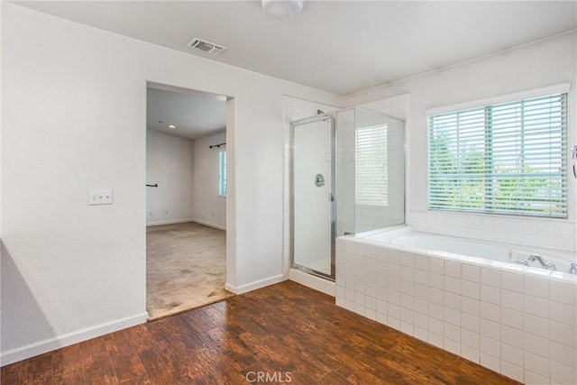 1802 Pummelo Dr, Redlands, CA 92374 - full bathroom with a shower stall, a bath, and wood finished floors