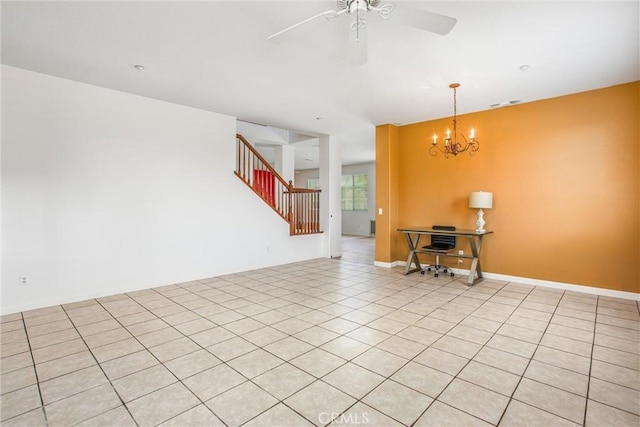1802 Pummelo Dr, Redlands, CA 92374 - unfurnished living room with stairs, a ceiling fan, and a chandelier