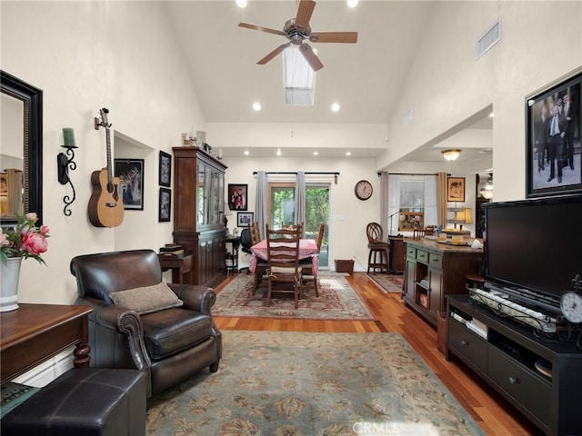 13815 Lexicon Ave, Sylmar, CA 91342 - living area with a ceiling fan, light wood-type flooring, high vaulted ceiling, and recessed lighting