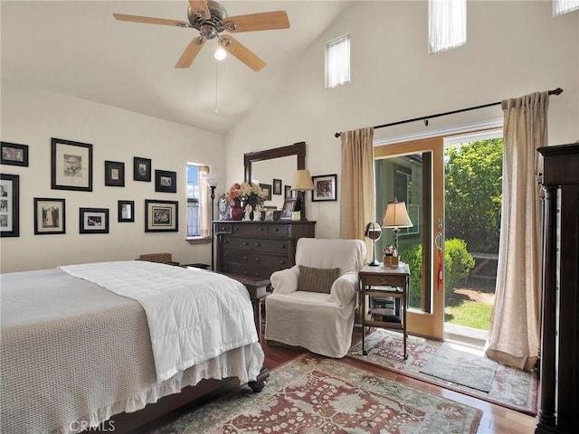 13815 Lexicon Ave, Sylmar, CA 91342 - bedroom featuring wood finished floors, high vaulted ceiling, access to exterior, and ceiling fan