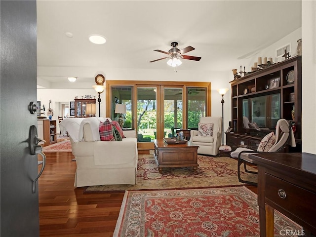 13815 Lexicon Ave, Sylmar, CA 91342 - living area with ceiling fan, wood finished floors, and french doors