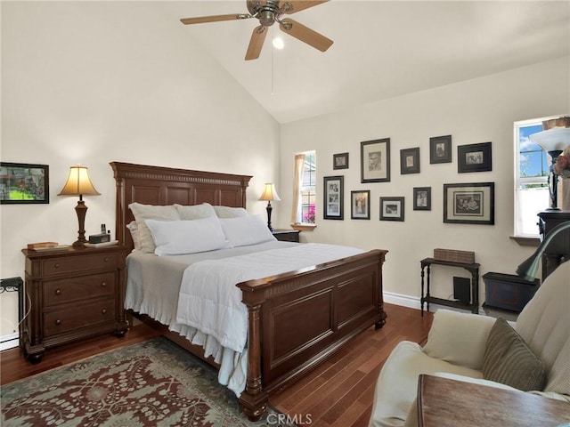 13815 Lexicon Ave, Sylmar, CA 91342 - bedroom featuring dark wood-type flooring, high vaulted ceiling, and a ceiling fan