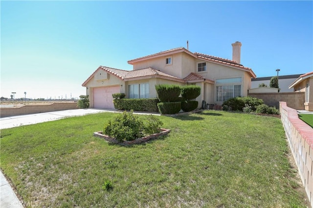 2508 Starbrite Ave, Rosamond, CA 93560 - mediterranean / spanish home with stucco siding, a chimney, an attached garage, a tiled roof, and driveway