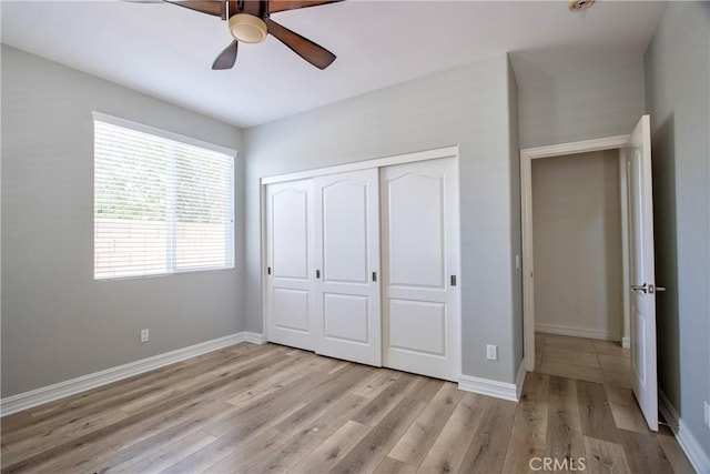 45118 Riverstone Ct, Temecula, CA 92592 - unfurnished bedroom with light wood-style flooring, a closet, and ceiling fan