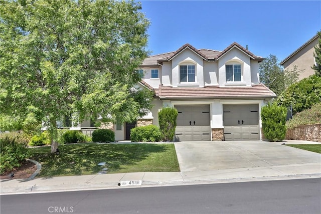45118 Riverstone Ct, Temecula, CA 92592 - traditional home featuring a tile roof, concrete driveway, stucco siding, a front lawn, and an attached garage